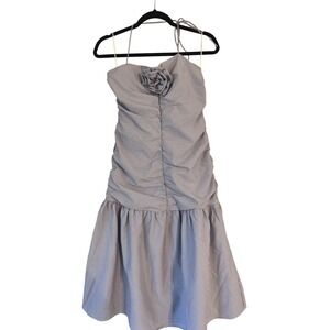 Fourteenth Place Blue‎ White Striped Halter Ruched Midi Dress M Flower Detail